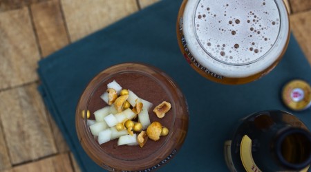 Chocolate mousse of Watou Tripel with pear and hazelnut